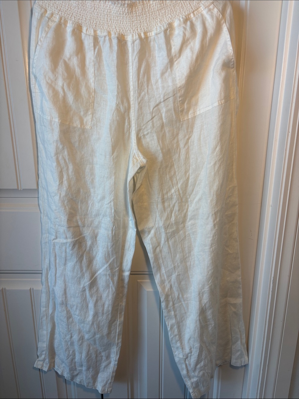 Magaschoni NWT 🩷 100% Linen White Smocked Waist Wide Leg Pants Large